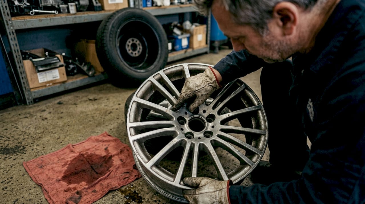 Mechanic examining alloy wheel spokes closeup