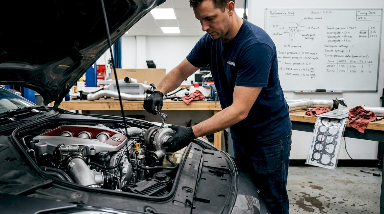 Technician installing turbocharger in workshop