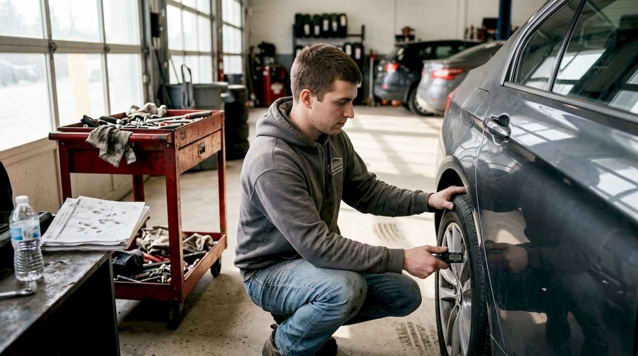 Engineer measuring wheel fitment precision