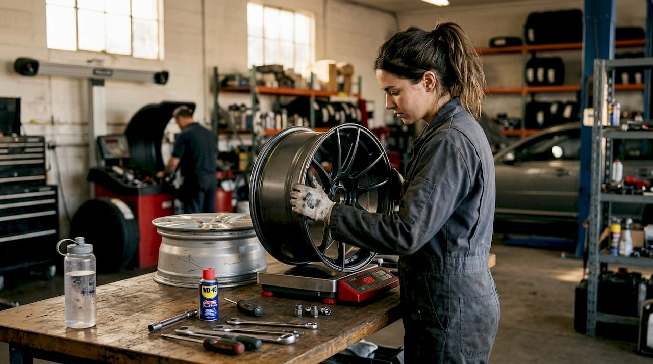 Mechanic comparing forged and cast wheel weights