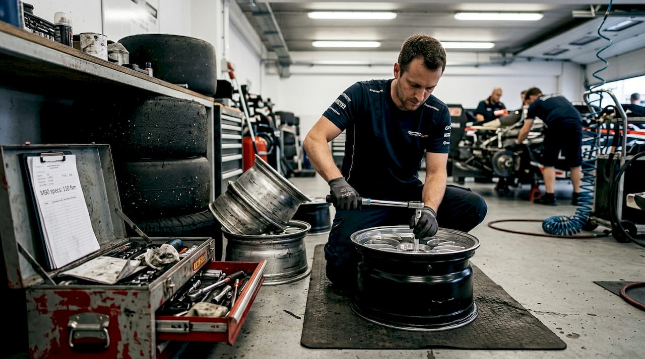 Mechanic assembling modular multipiece racing wheel