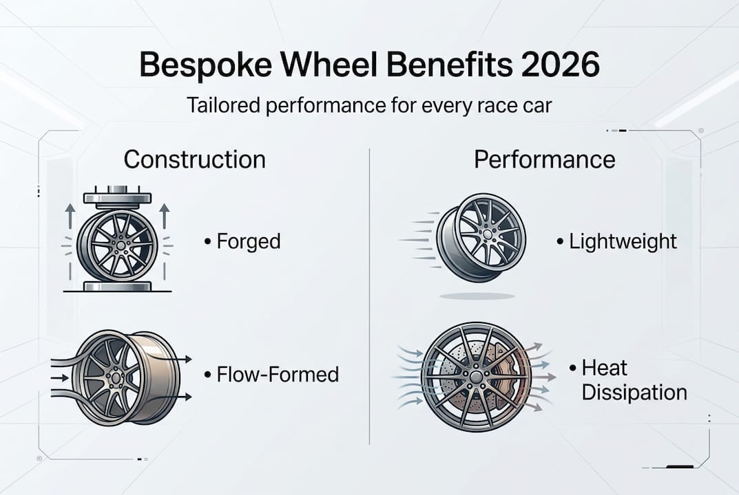 Infographic showing bespoke motorsport wheel benefits