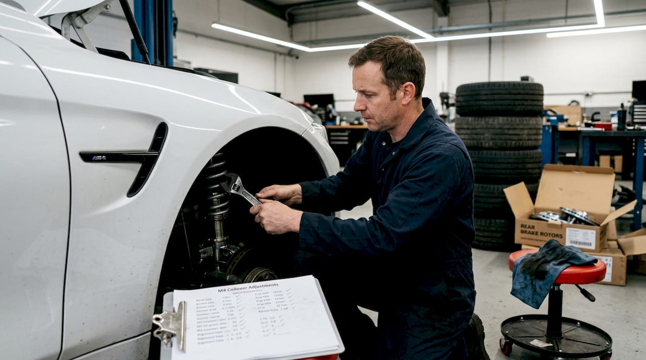 Mechanic adjusting coilovers on BMW in garage