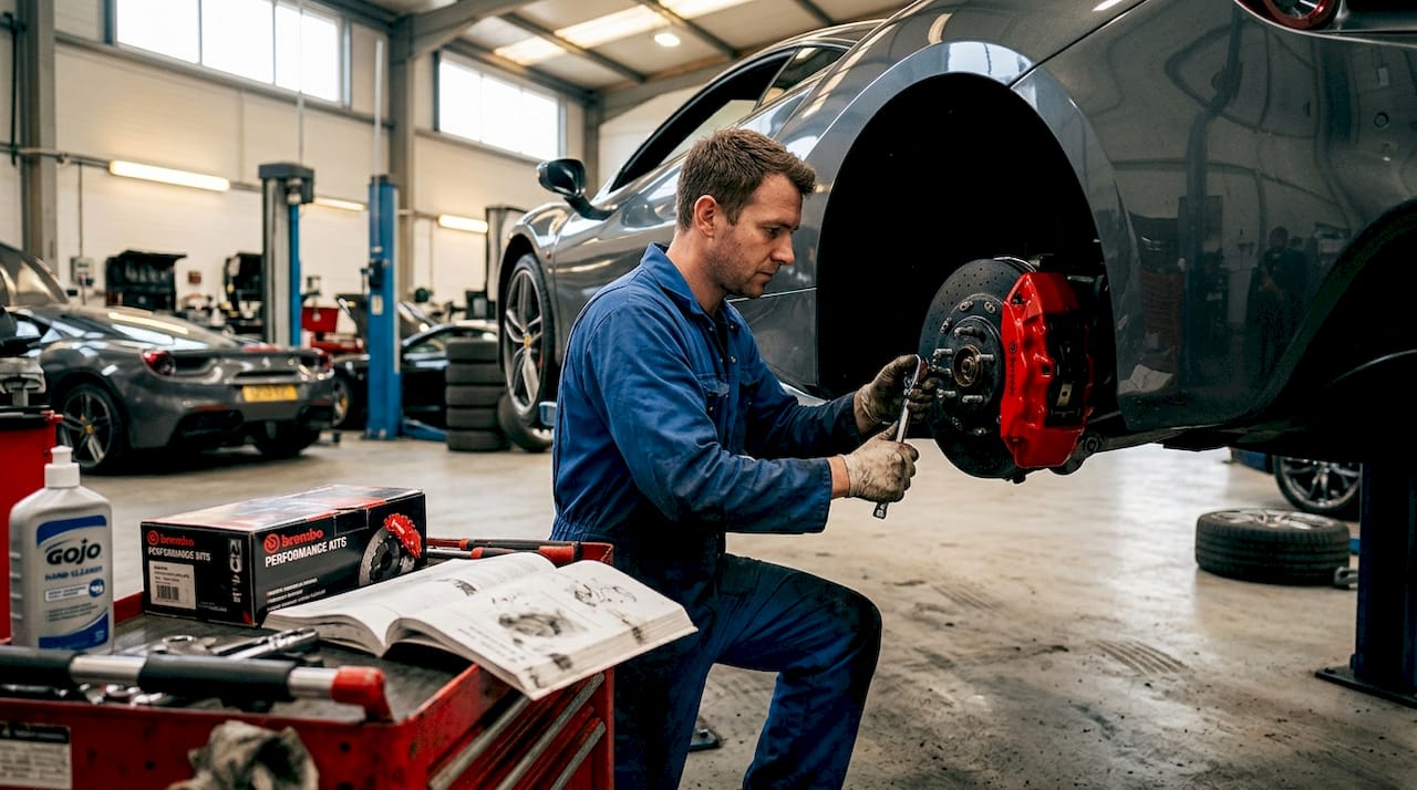 Mechanic installing brakes on Ferrari 488
