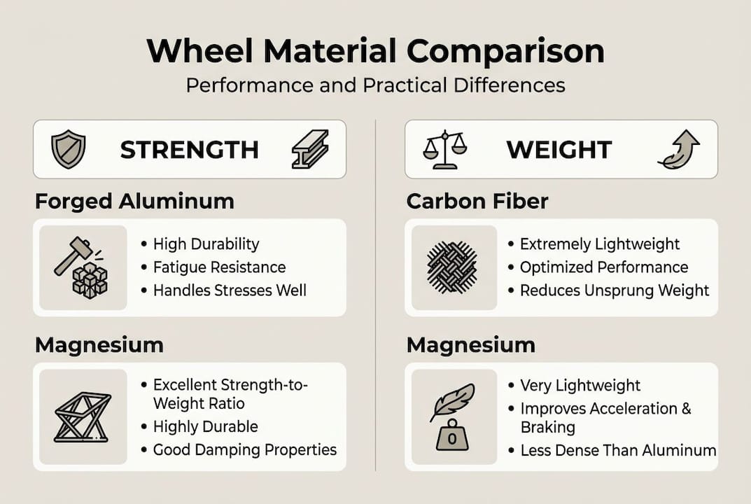 Infographic comparing wheel material strengths and weights