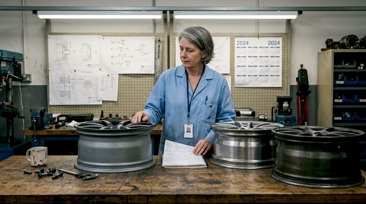 Engineer comparing magnesium, aluminum, carbon wheels
