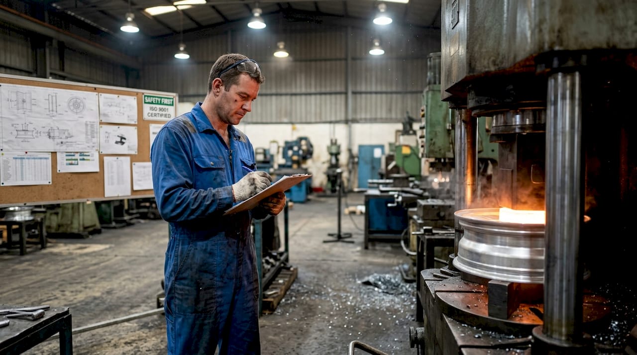 Technician overseeing forged wheel production