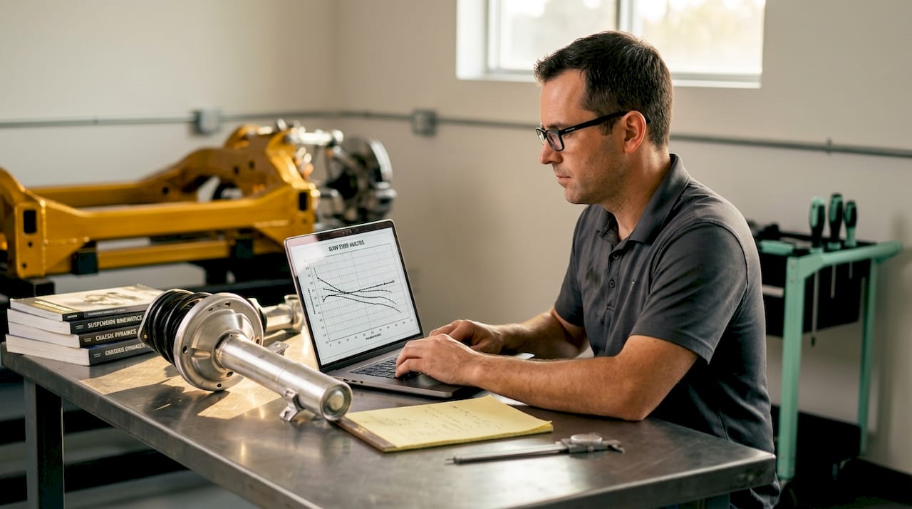 Engineer reviewing suspension analysis on laptop