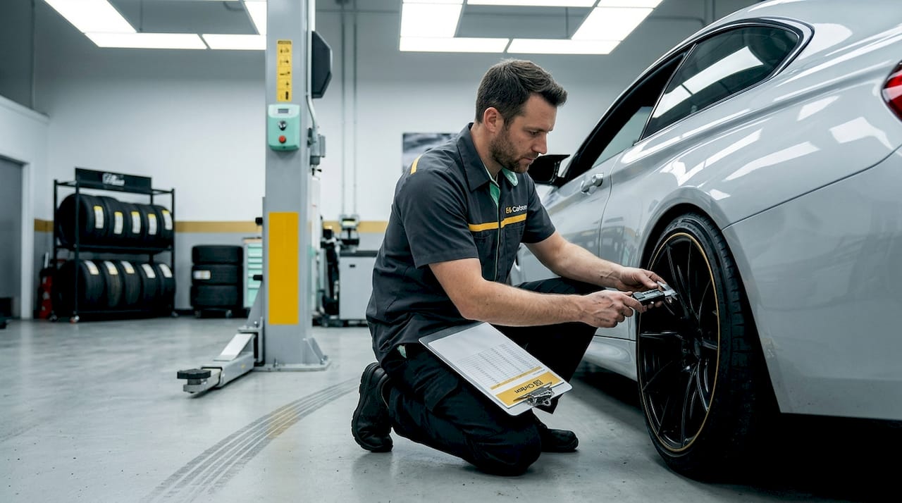 Engineer checking concave wheel fitment