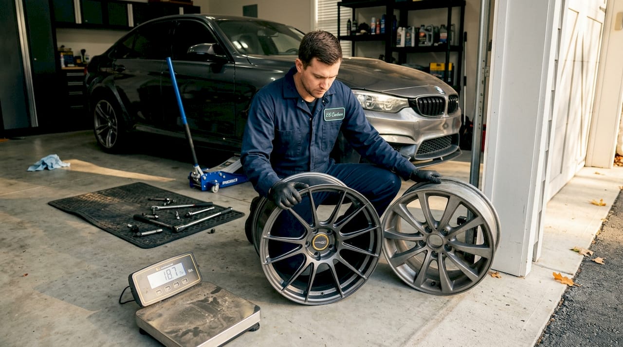 Mechanic comparing CNC and cast alloy wheels