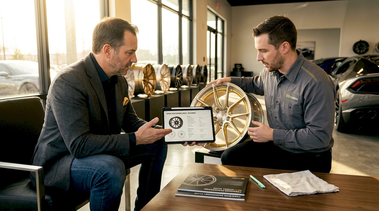 Owner reviews wheel specs with technician