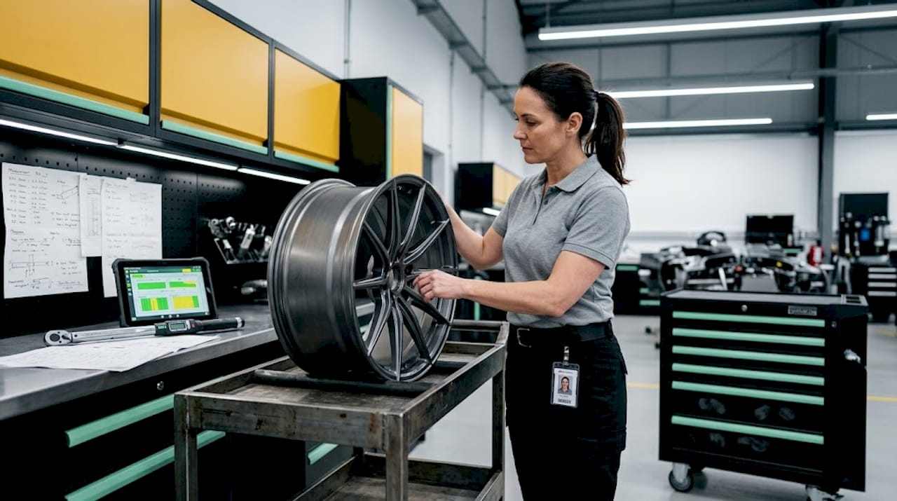 Inspector checking wheel dimensions in workshop
