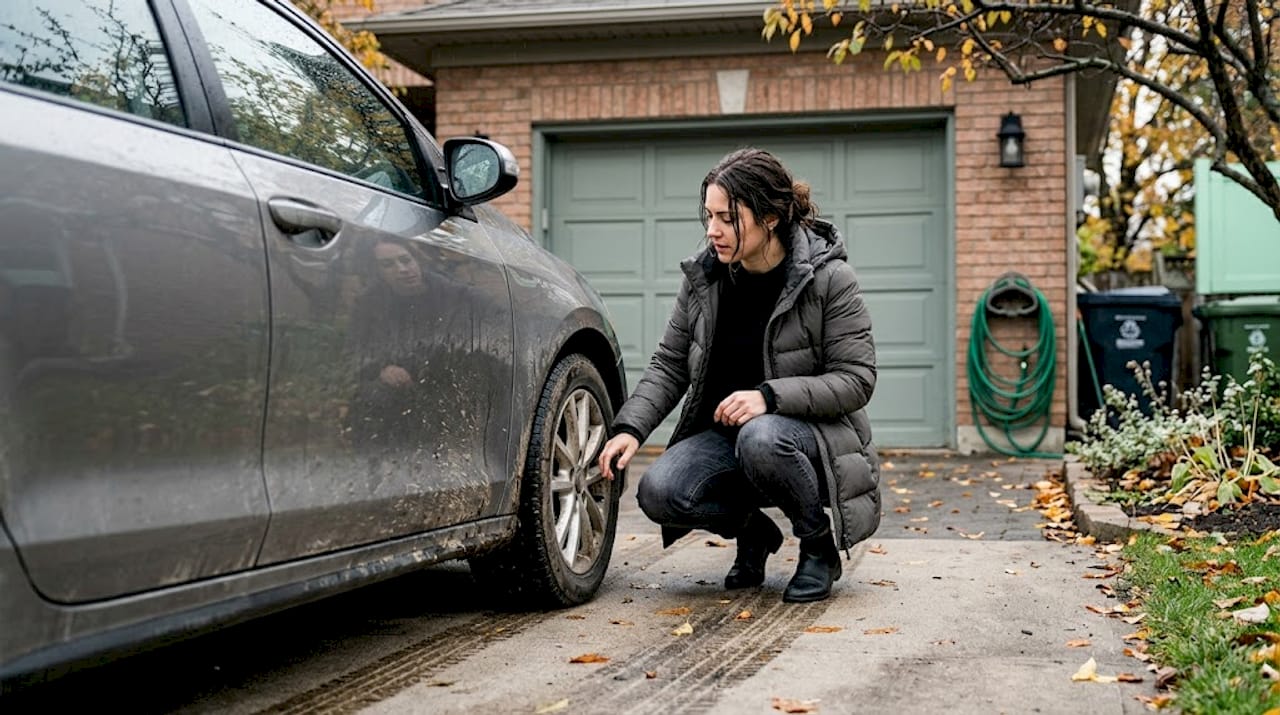 Driver checking wheel after daily commute