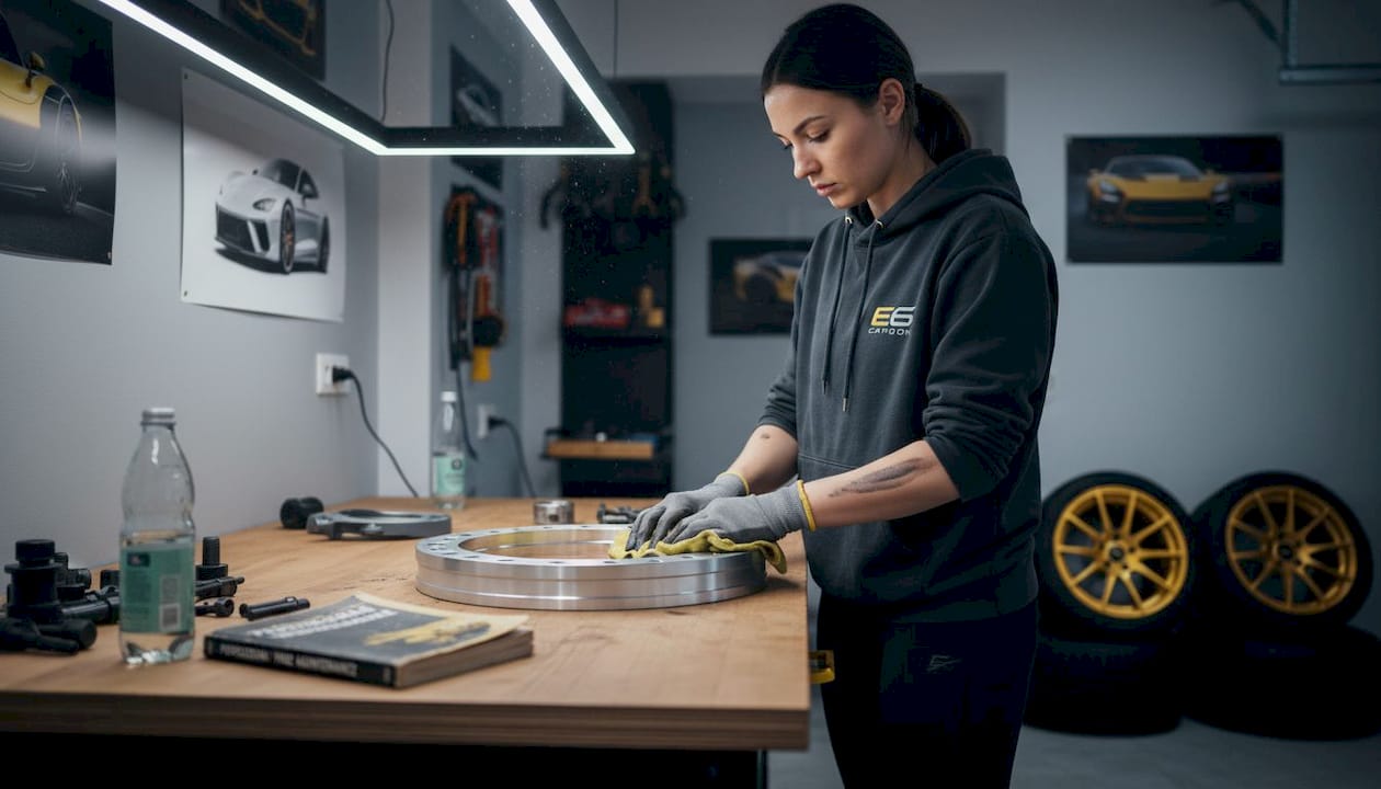 Person cleaning beadlock ring on workbench