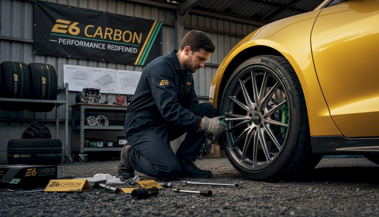Mechanic installing carbon wheel on sports car