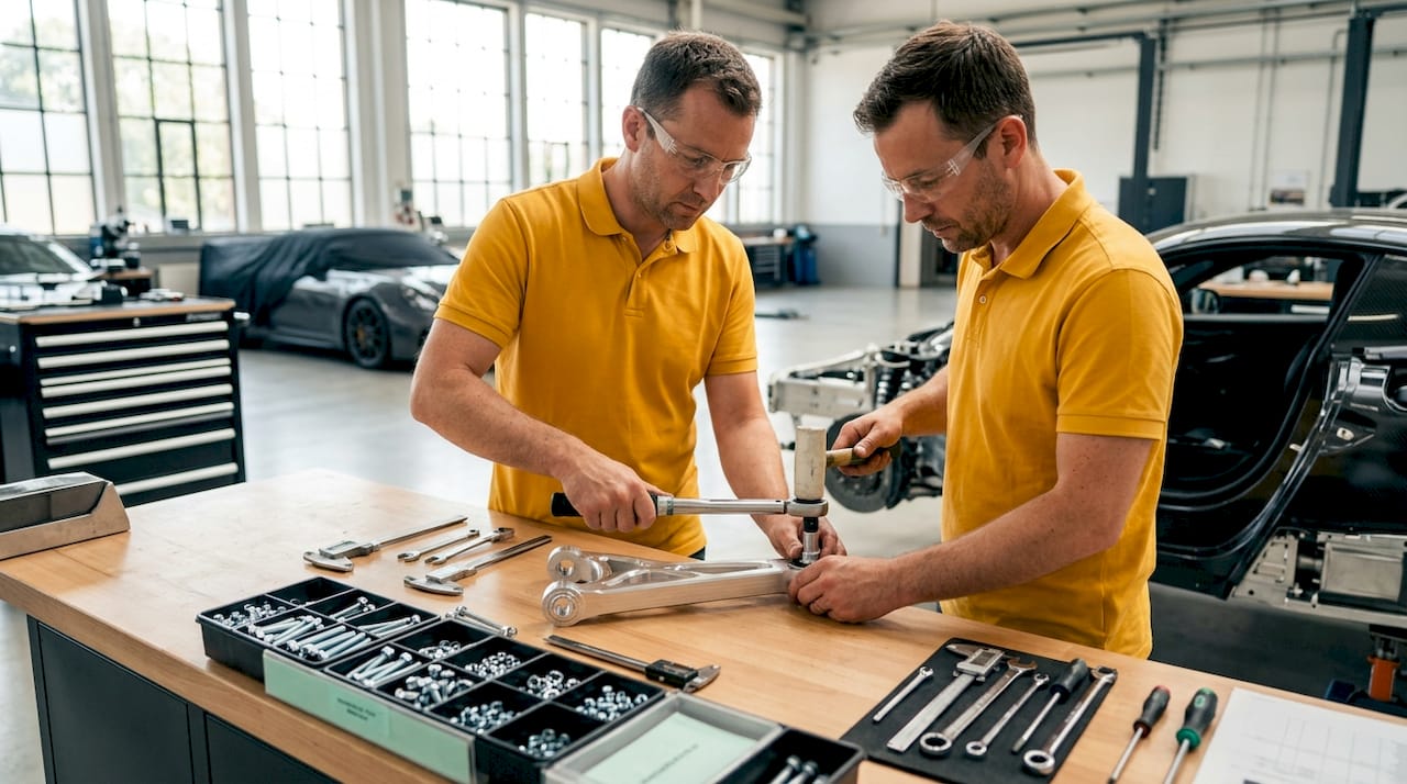 Technician assembling forged aluminum suspension arm