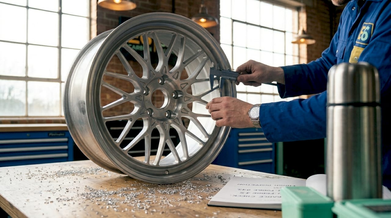 Technician inspecting float forged alloy wheel