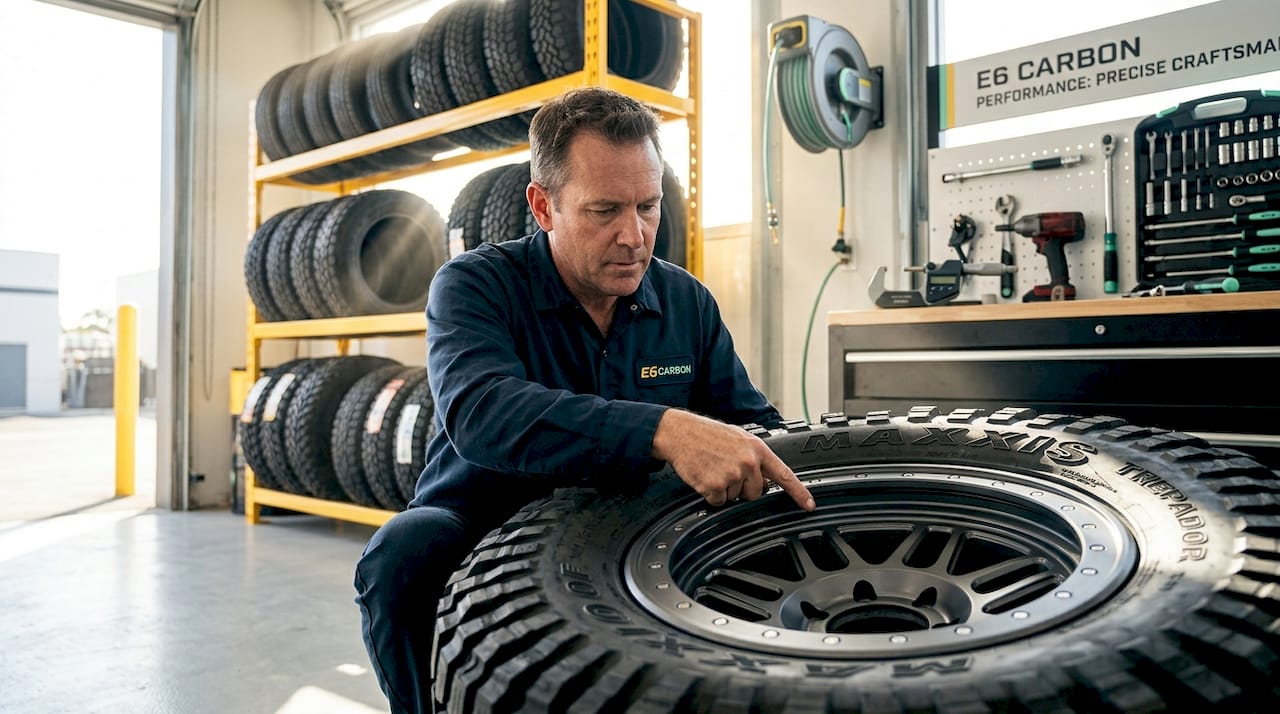 Mechanic inspecting beadlock ring gaps on tire
