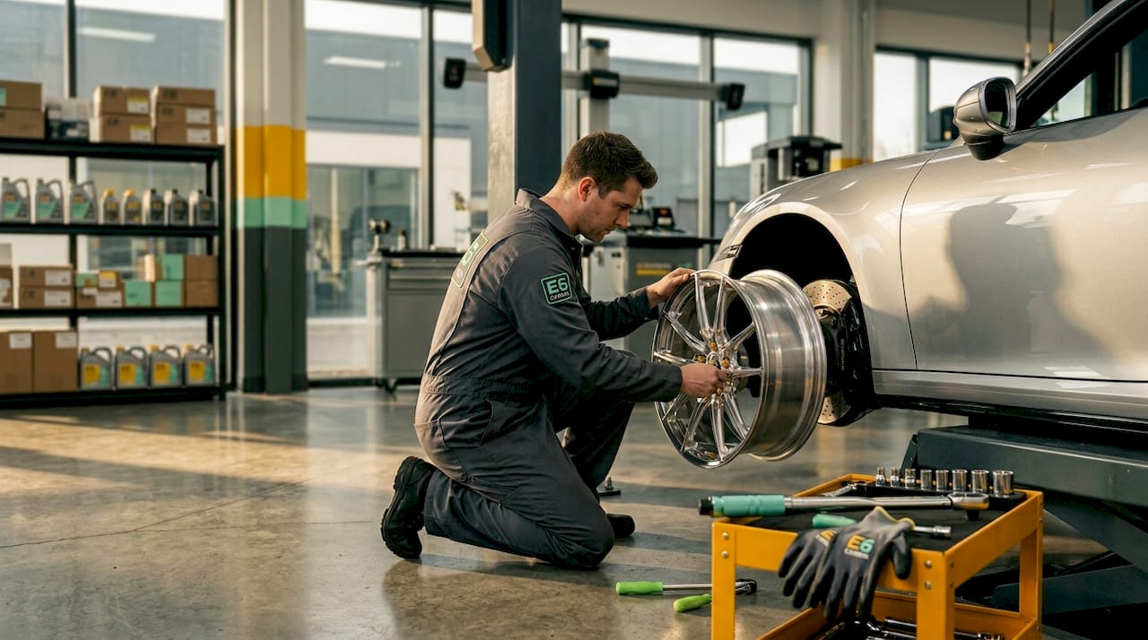 Technician preparing to install forged wheel