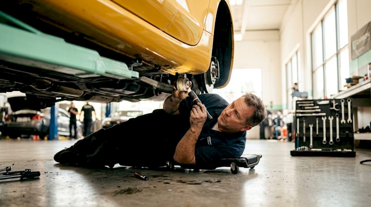 Mechanic inspecting car suspension under vehicle