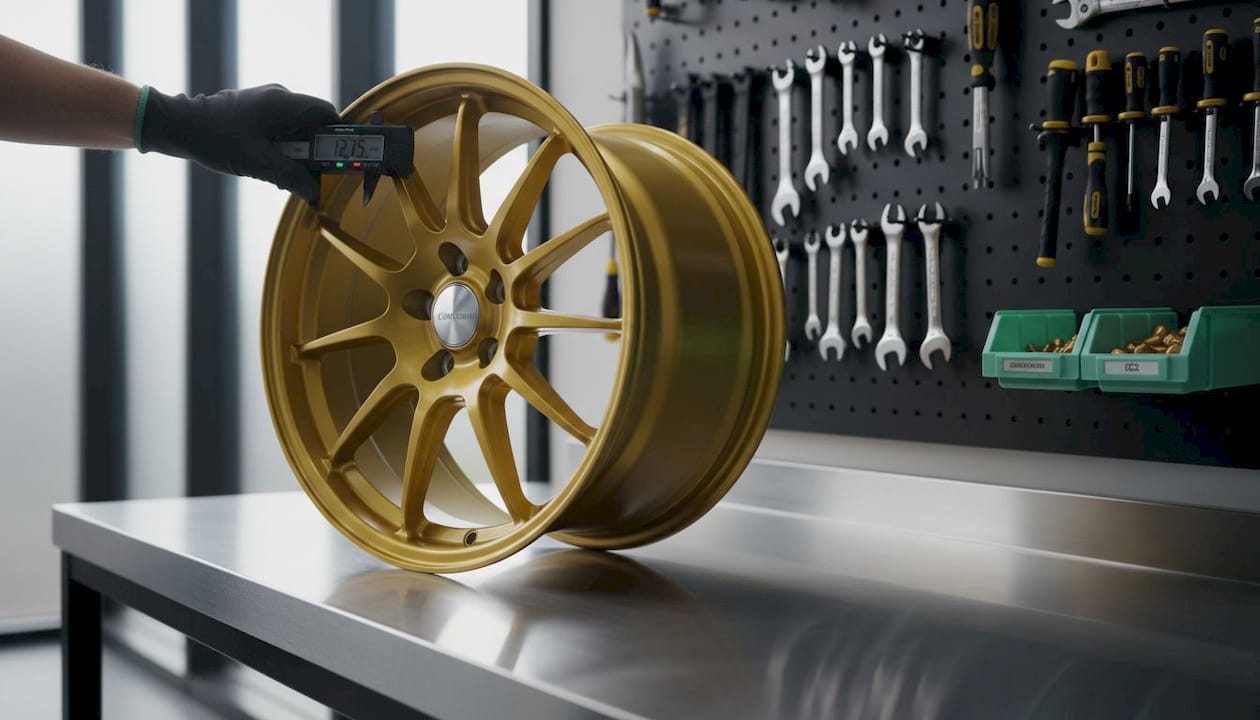 Forged race wheel weighed on workbench