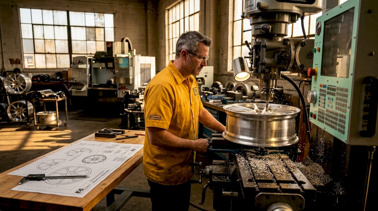Machinist creating monoblock forged wheel in workshop