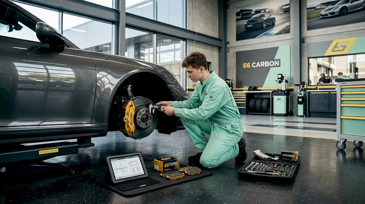 Technician inspecting brake pads in auto shop