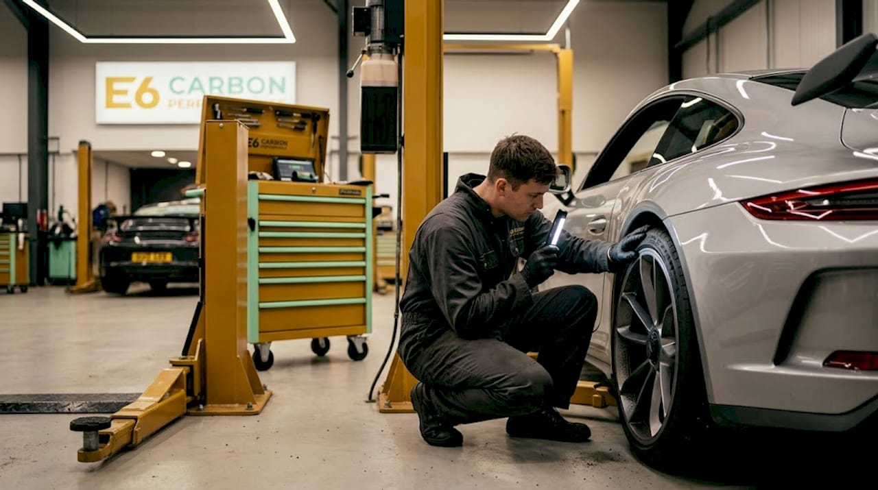 Technician inspects split spoke wheel on car