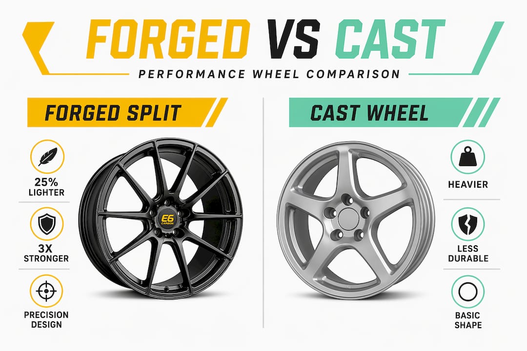 Split infographic comparing forged split spoke and cast wheels