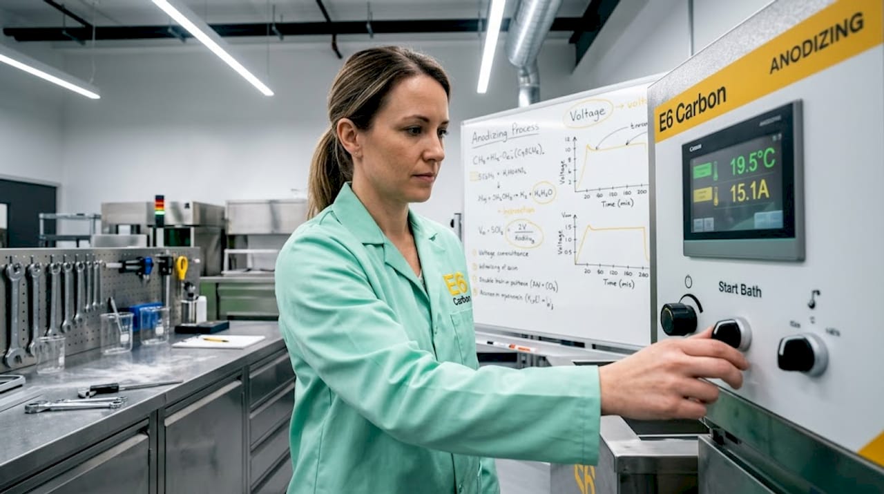 Engineer operates anodizing tank control panel in lab