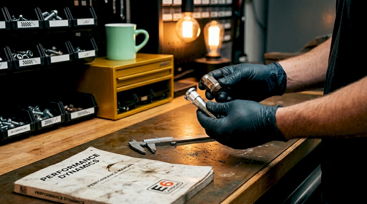 Hands inspecting wheel stud and lug nut