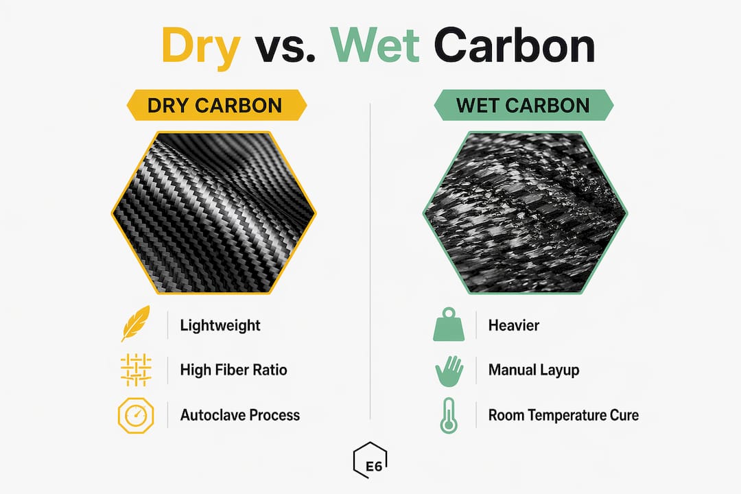 Infographic comparing dry and wet carbon fiber characteristics