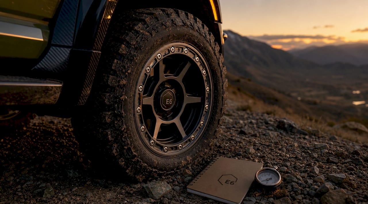 Close-up of E6 forged beadlock wheel with low tire pressure gauge
