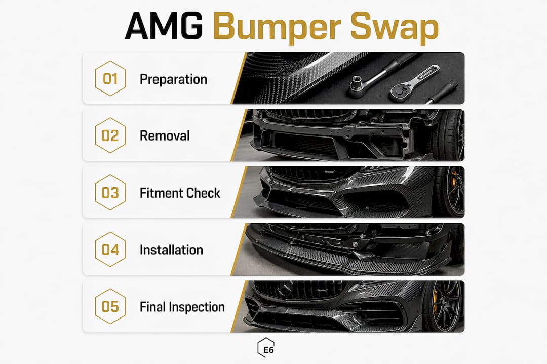 Infographic showing AMG bumper swap step-by-step process