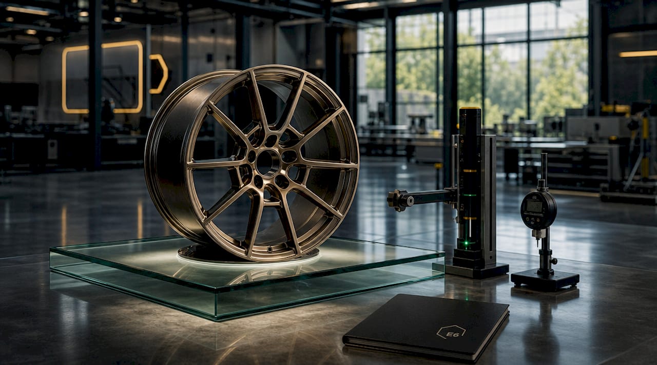 Forged monoblock wheel on factory floor with tools