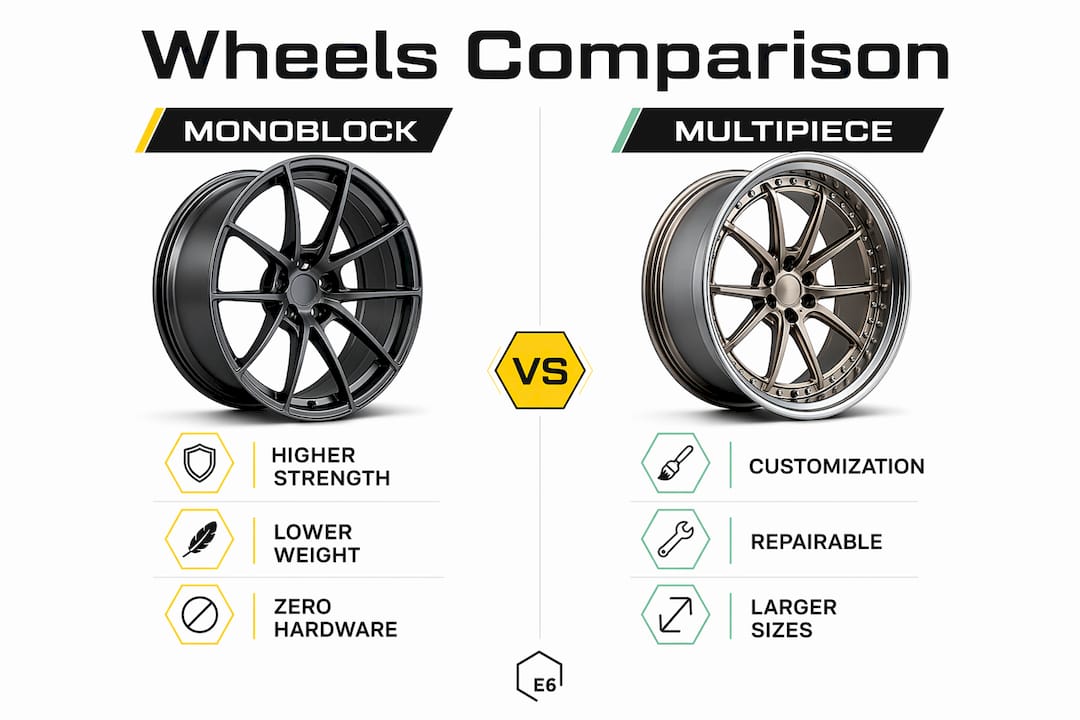 Comparison infographic of monoblock and multipiece wheels