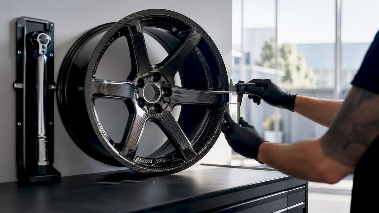 Close-up of AMG GT wheel and brake clearance setup on workbench