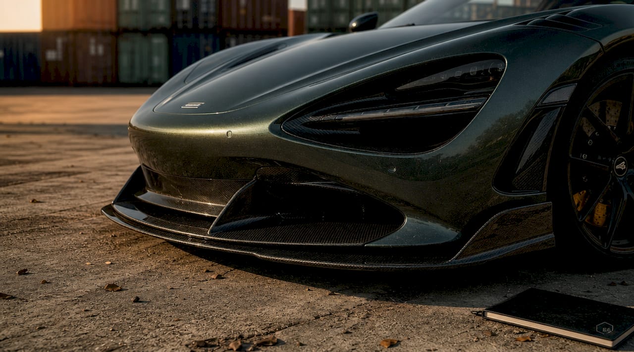 Front splitter carbon fiber close-up on McLaren 750S