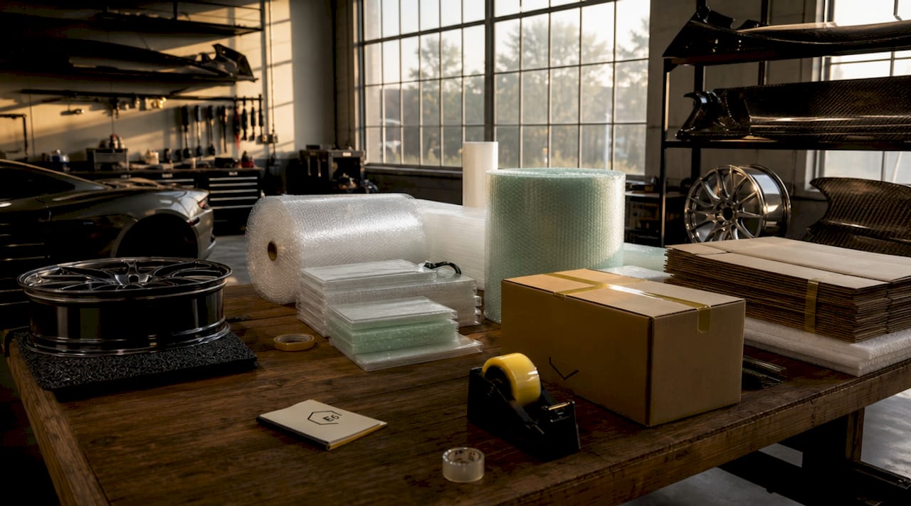 Packing materials laid out on workshop bench
