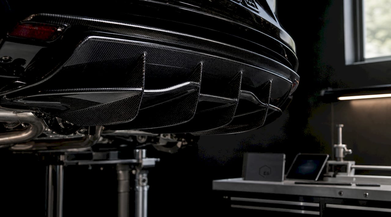 Studio shot of Lexus LC500 dry carbon diffuser underside on chassis