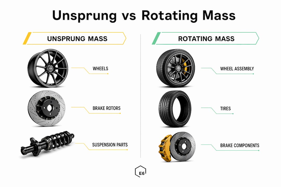 Infographic comparing unsprung mass and rotating weight components