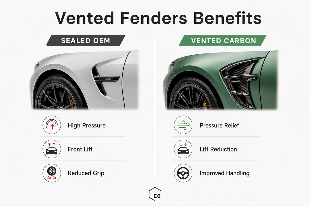 Infographic comparing sealed OEM vs vented carbon fenders benefits