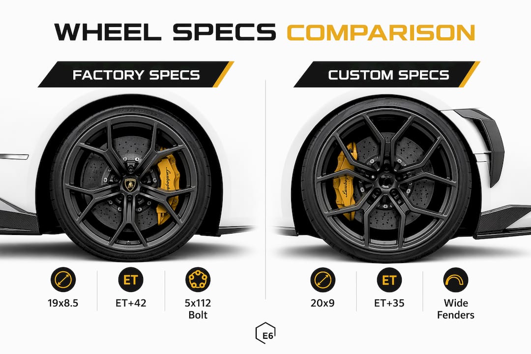 Infographic comparing factory and custom wheel specs