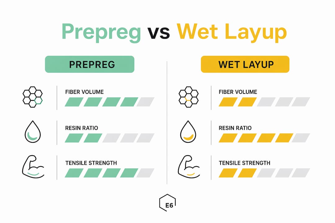 Infographic comparing prepreg and wet layup carbon fiber properties