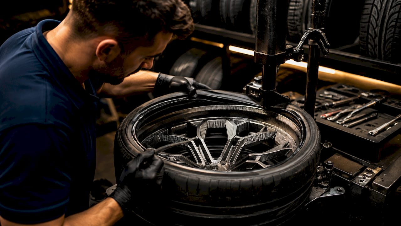 Technician mounting tire on knurled bead seat wheel