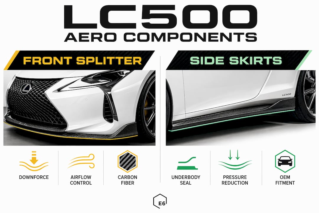 Infographic comparing front splitter and side skirts features