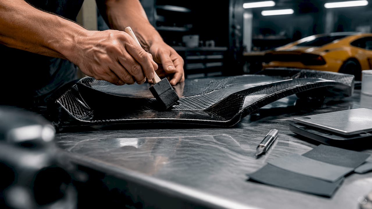 Hands applying clear UV-resistant resin on carbon fiber part