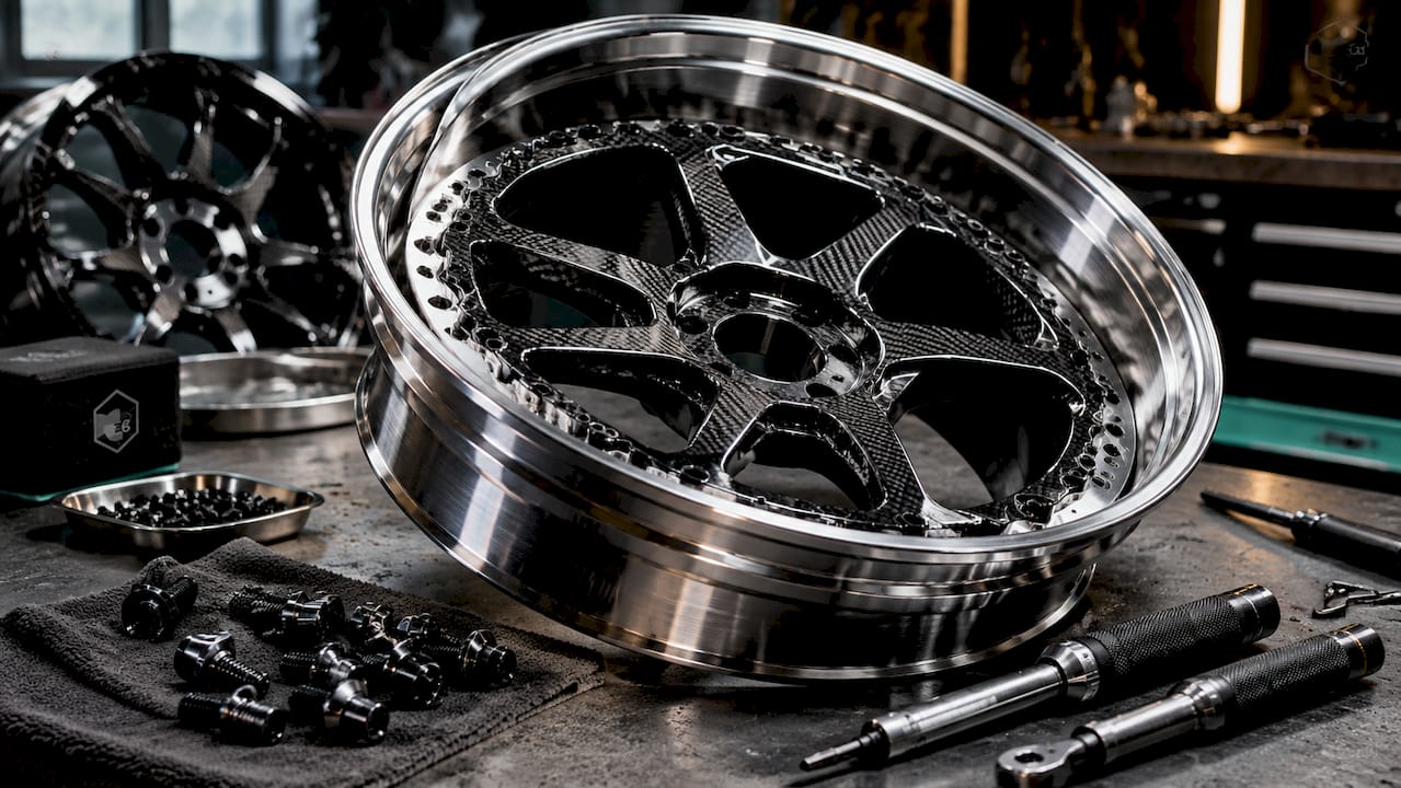 Disassembled two-piece forged wheel components on workbench