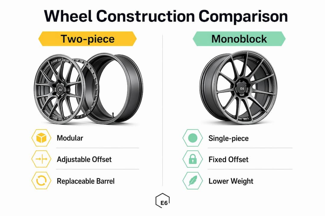Infographic comparing two-piece forged wheels and monoblock wheels