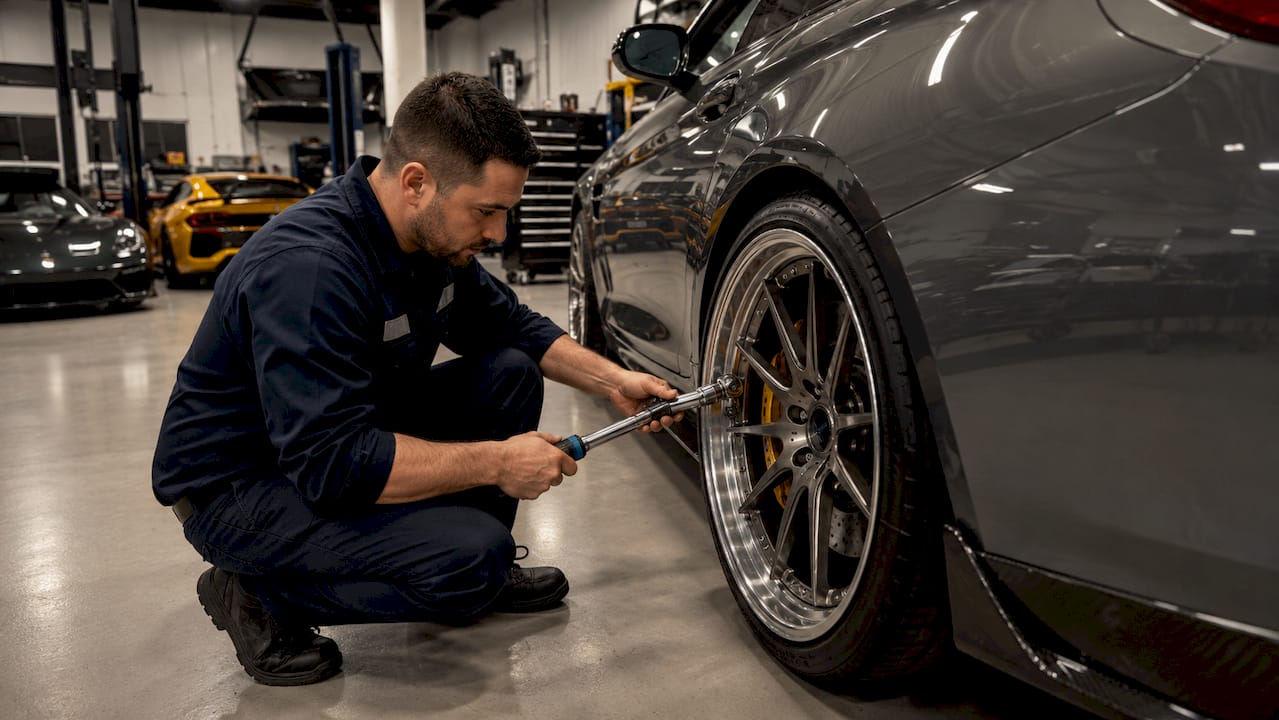 Mechanic tightening titanium bolts on forged wheel
